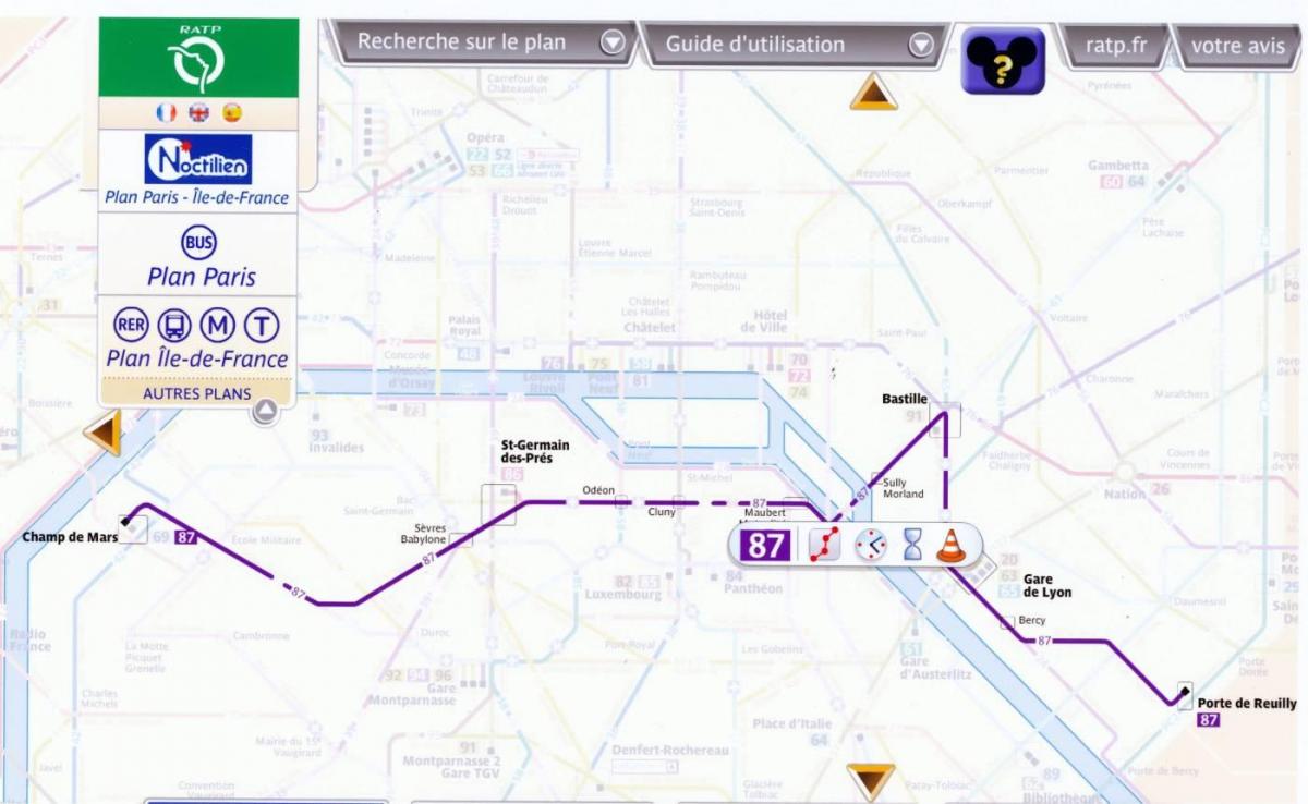 Карта Парижа автобусный маршрут 87 