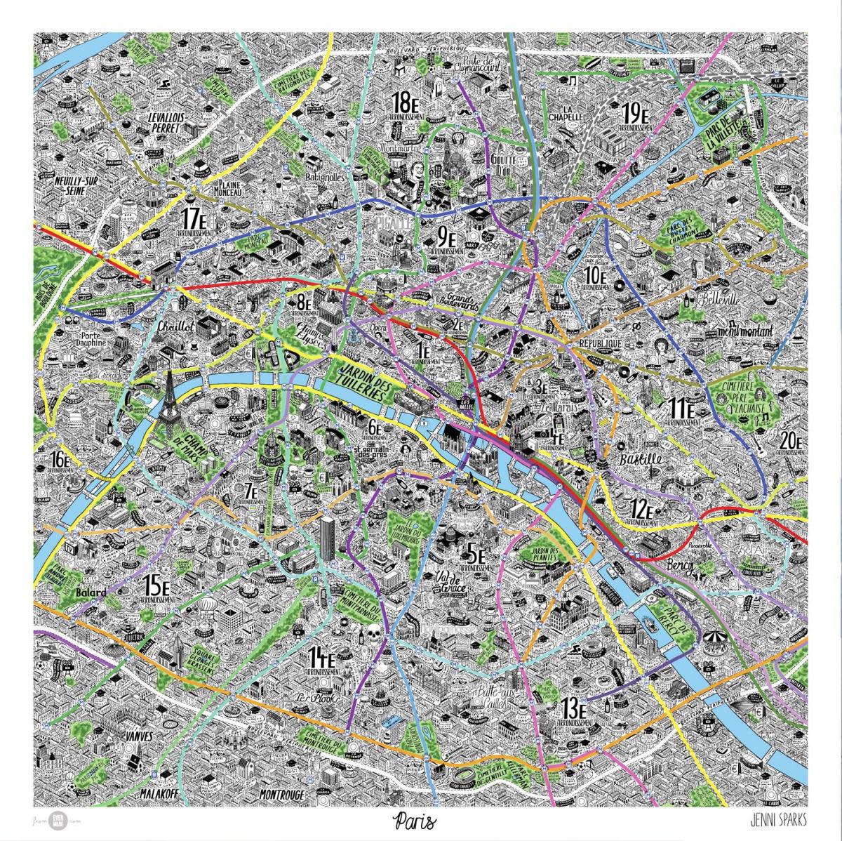 Карта рисованной Париж